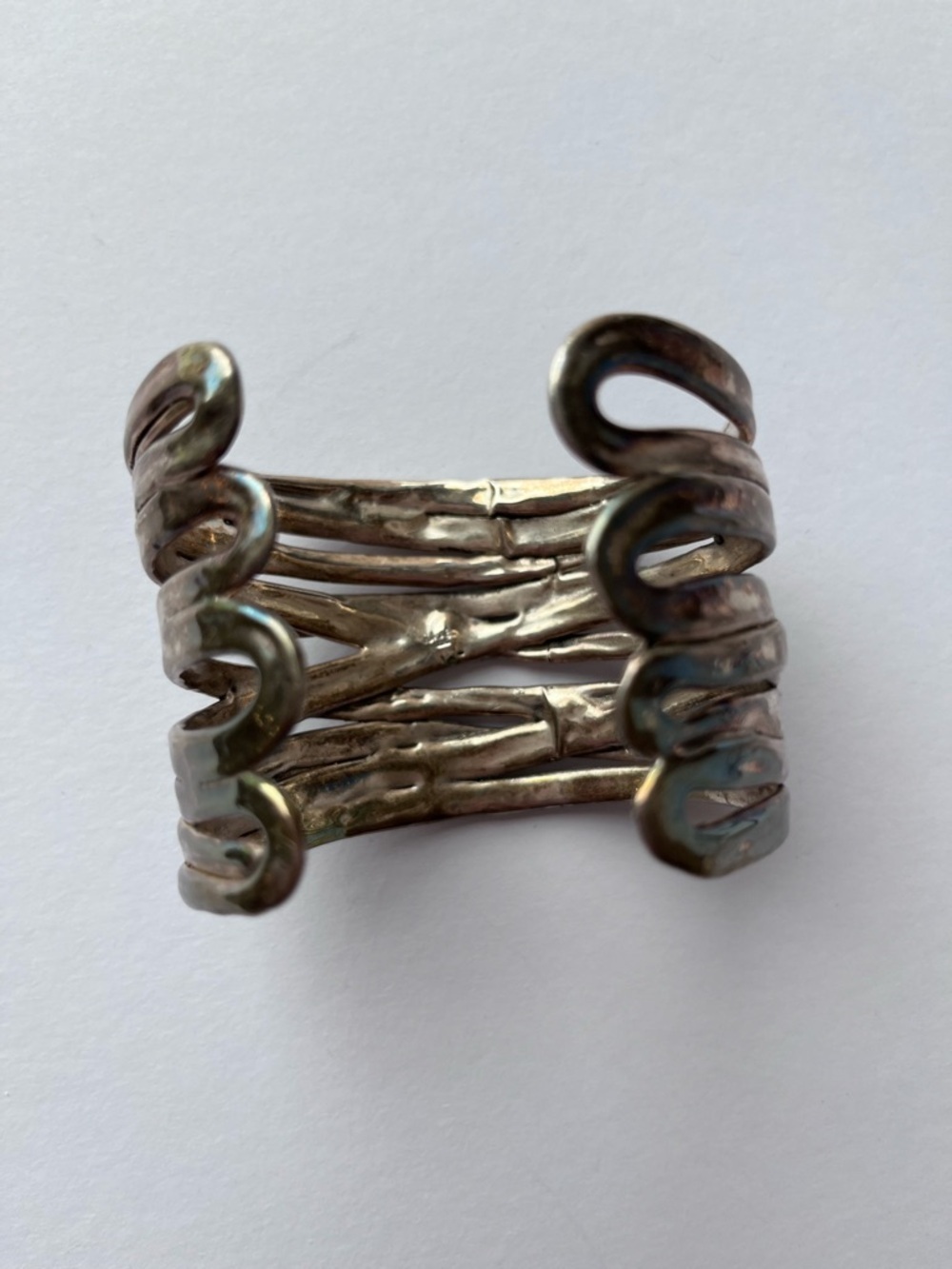 925 Sterling Silver Israel Wide Cuff Brutalist Ribbons Bracelet - Picture 7 of 11